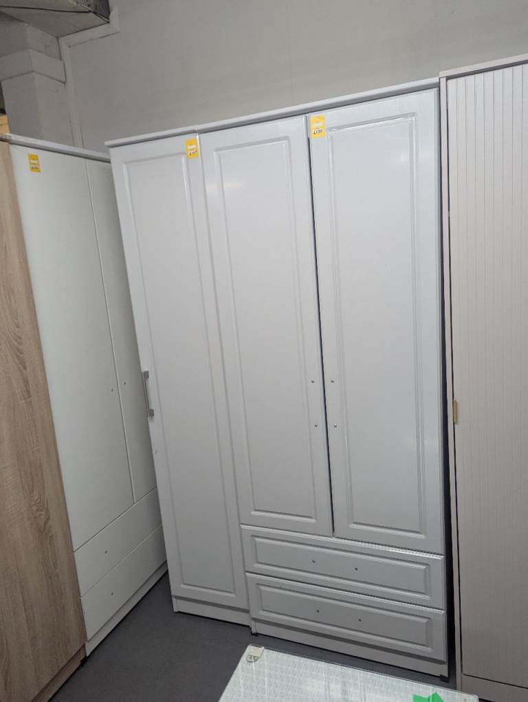 Elegant Triple Door White Wardrobe with Double Drawers and Shaker-Style Detailing 259__