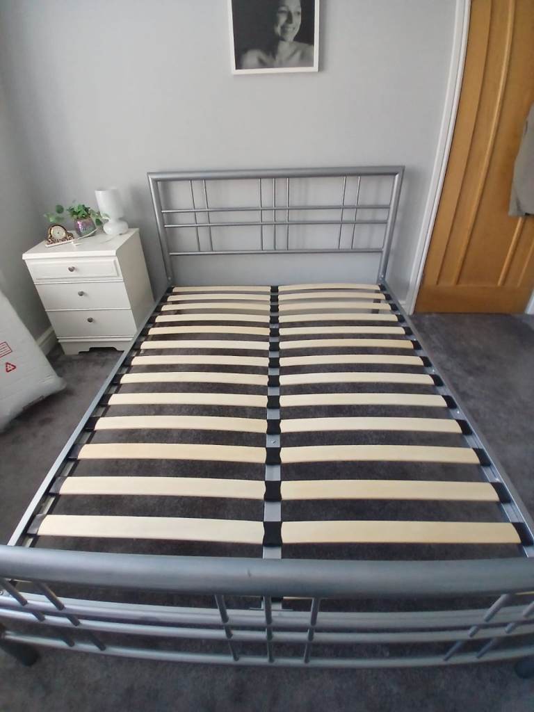 FREE Double Bed Frame with Slats – Grey Metal, Good Condition