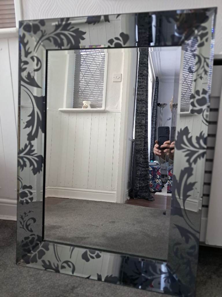 Decorative Grey Floral Mirror – Good Condition