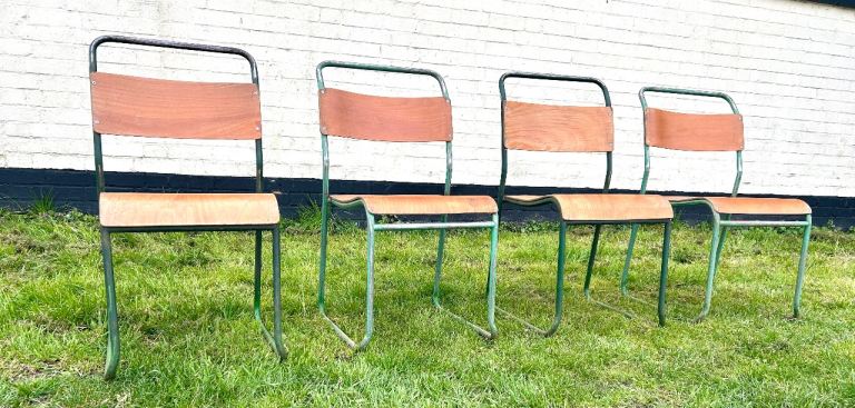 4 available ply stacking vintage chairs antique industrial cafe retro wooden school metal kitchen