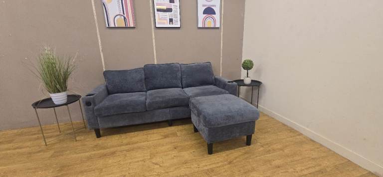 GREY 3 SEATER SOFA WITH FOOTSTOOL, USB & CUP HOLDERS DELIVERY AVAILABLE
