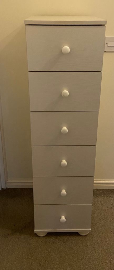 Tall Slim White Chest of 6 Drawers – Good Condition