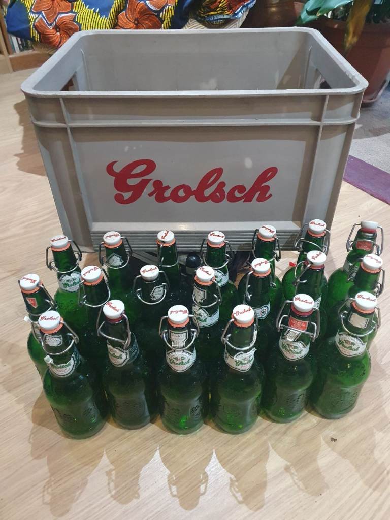 20 green vintage Grolsch bottles in snazzy authentic, vintage Grolsch crate