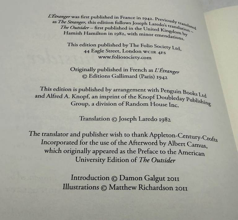 The Outsider ALBERT CAMUS Illustrated Matthew Richardson FOLIO SOCIETY 2011 VGC