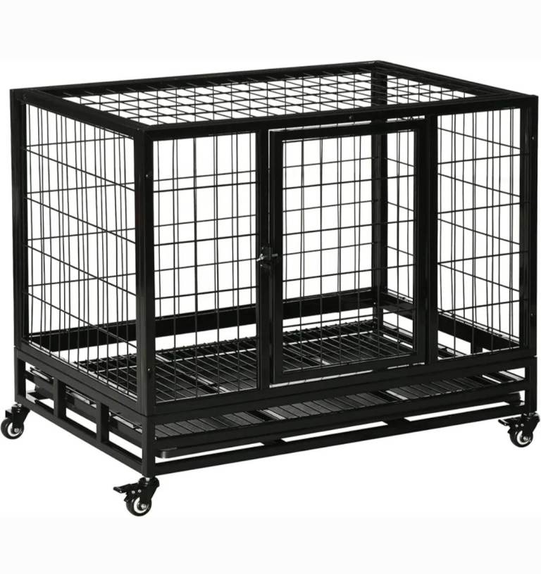 Metal Dog Crate Pet Cage with Tray - Black 