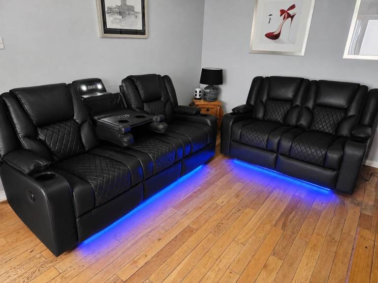 Black Leather Recliner Sofa Set with LED Lights 3 seater & 2 seater Sofa 