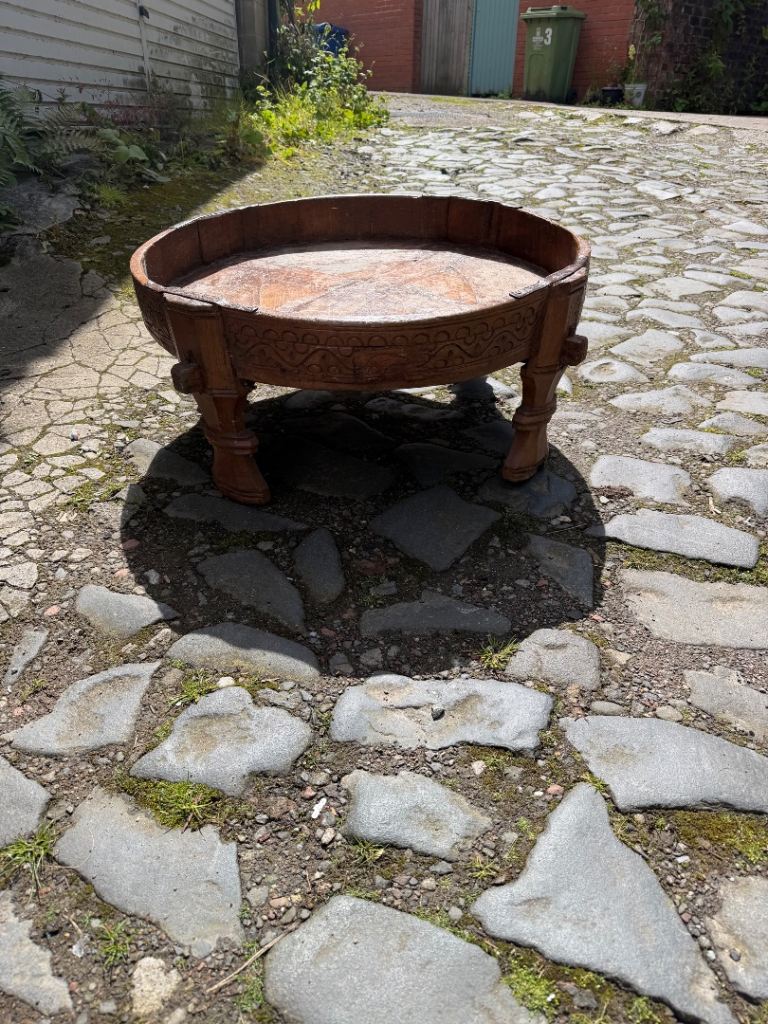 * Vintage Authentic Indian Hand Carved Wooden Spice Grinding Table