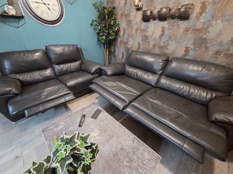 Harveys dark grey GENUINE leather electric recliner 3+2 seater sofas