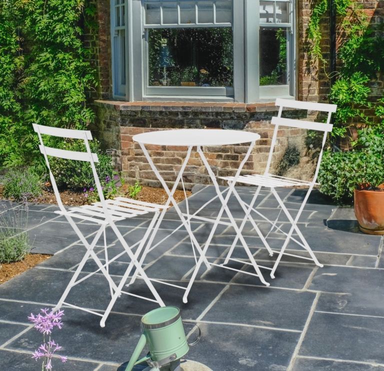 Garden Bistro Table & 2 Folding Chairs in White. New in box.