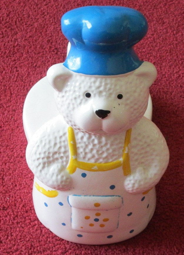 CHINA  - KITCHEN PAPER TOWEL HOLDER, TEDDY BEAR  9.5 HIGH -  CHEFS HAT AND APRON