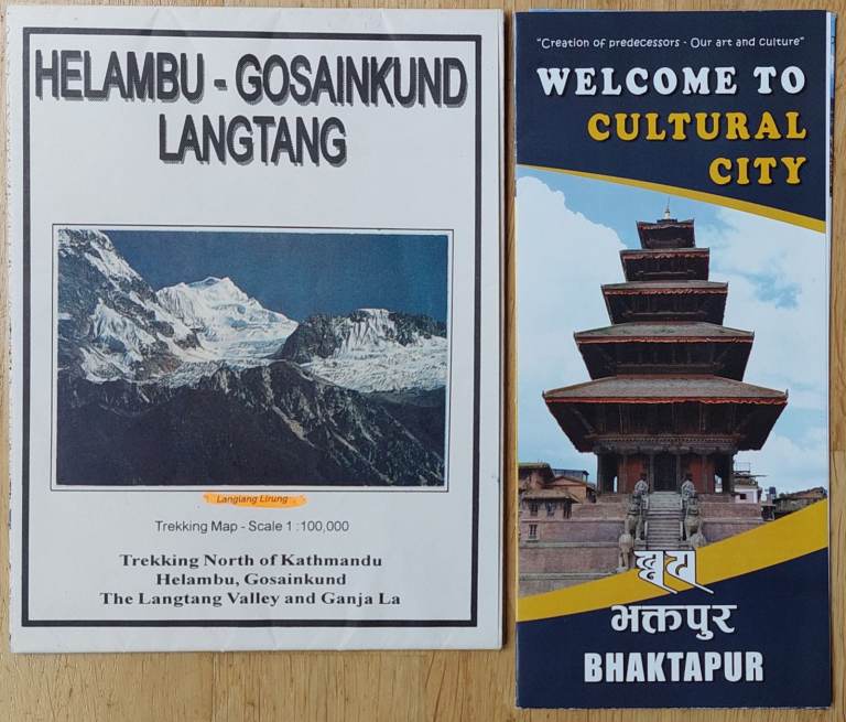 Langtang Valley Trekking Map & Bhaktapur Cultural City leaflet (Nepal)