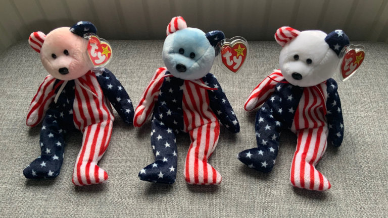 3 x Ty Beanie Babies Spangle blue, white and pink face