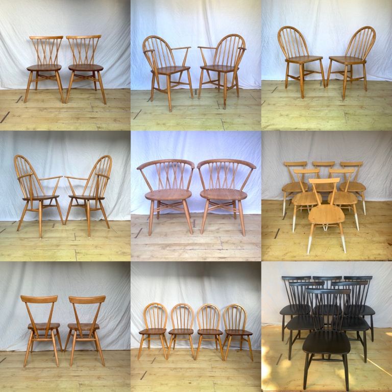 Vintage Ercol dining mid century chairs stacking candlestick Windsor 