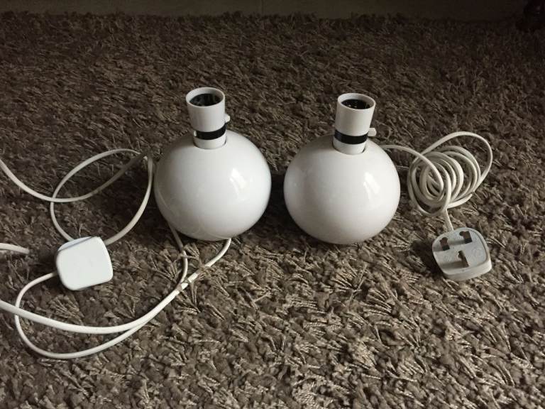 Pair of White Ceramic Spherical Table Lamps with Plugs