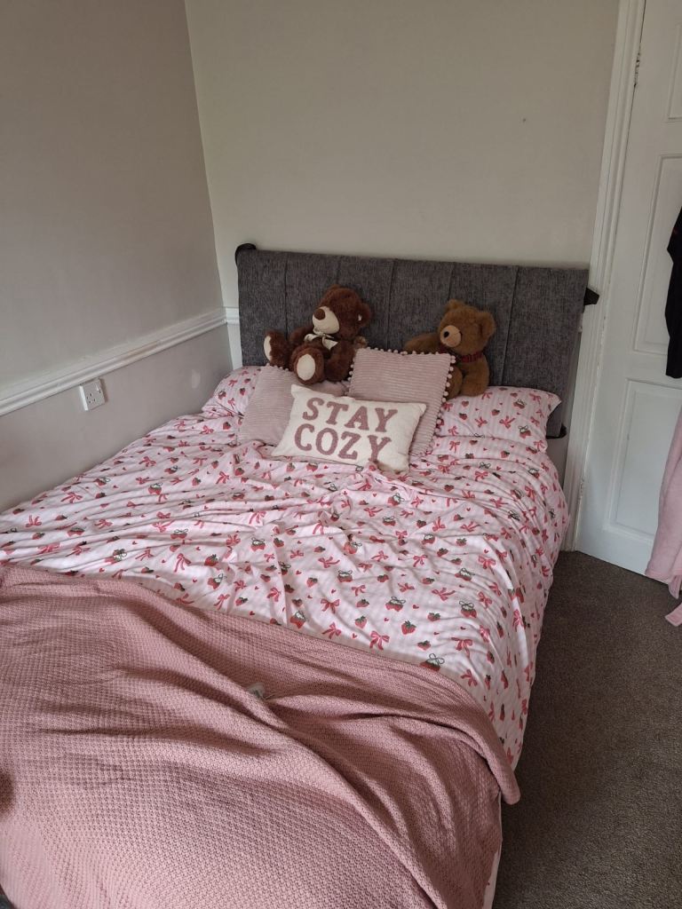 Double Divan Bed with Grey Headboard & Mattress - Excellent Condition