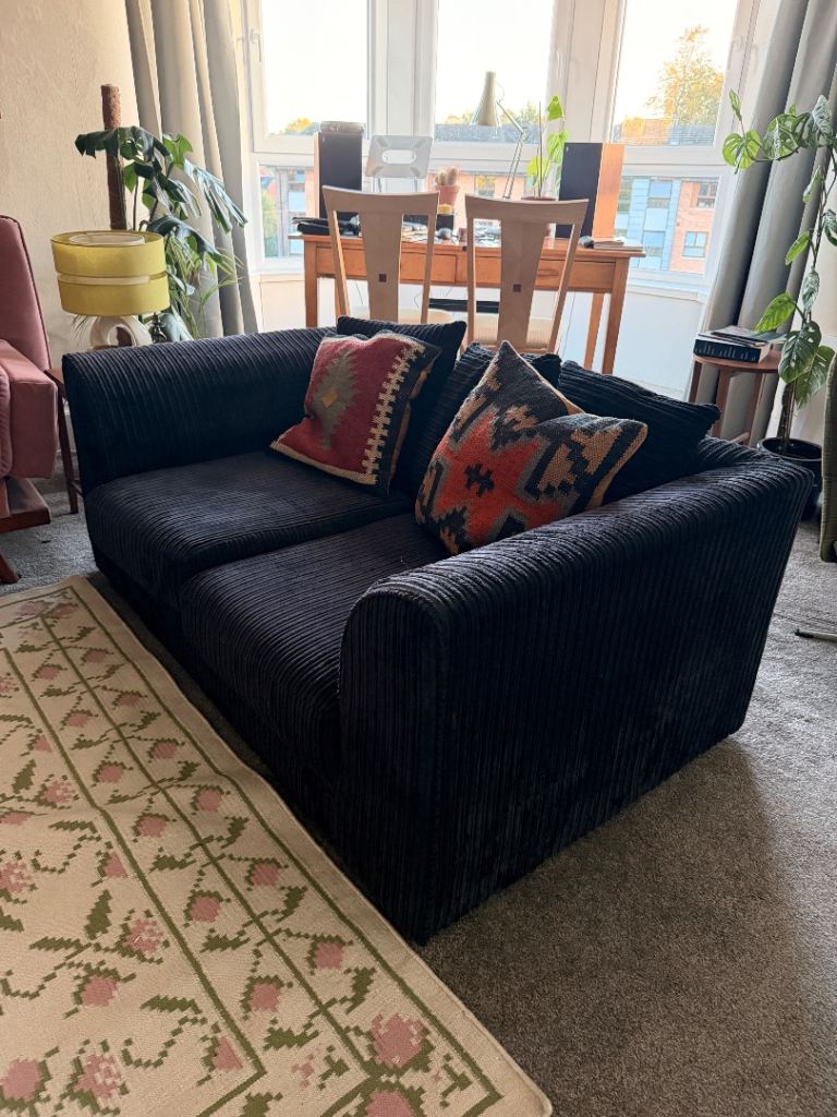FREE - Comfy Navy/Deep Purple Corduroy Two-Seater Sofa – Fair Condition