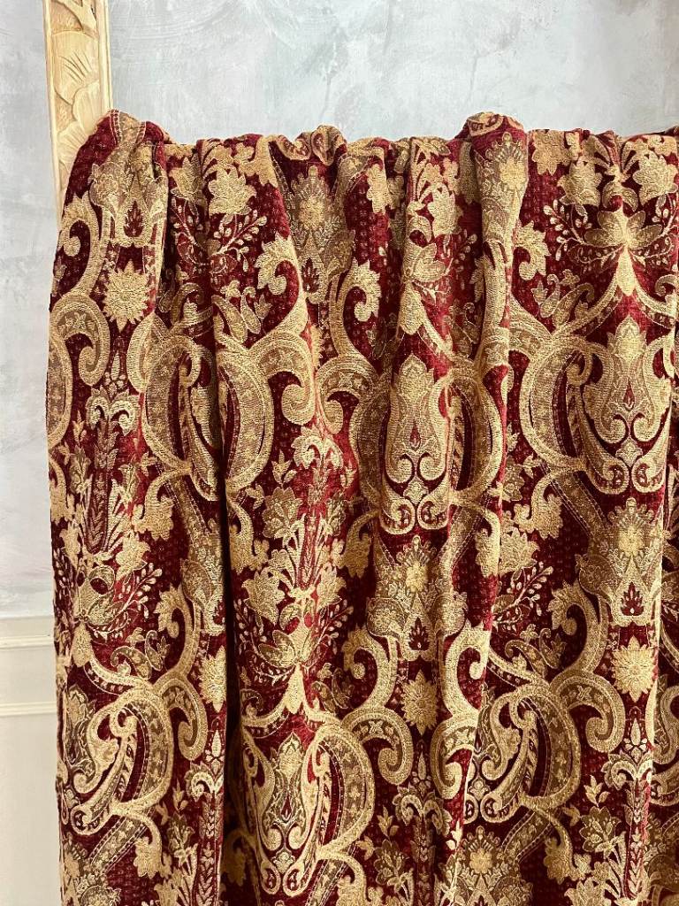  Elegant Red Gold Floral Brocade Lined Blackout Curtains + Tiebacks 72'D x 48"W
