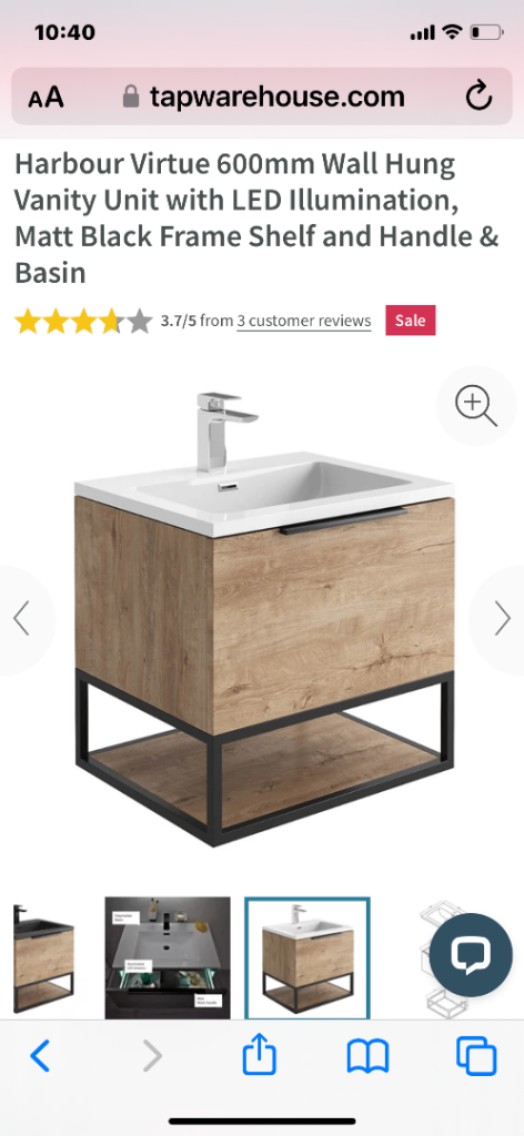 Harbour Virtue 600mm Wall Hung Vanity Unit with LED Illumination, Matt Black Frame
