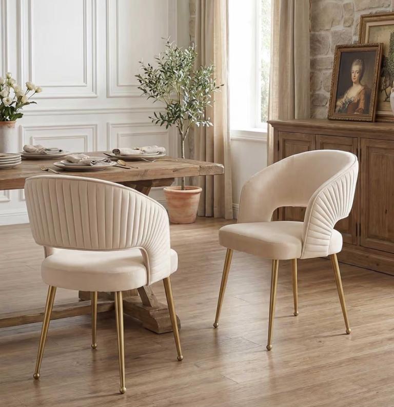 Cream Velvet Dining Chairs with Gold Legs – Set of 2