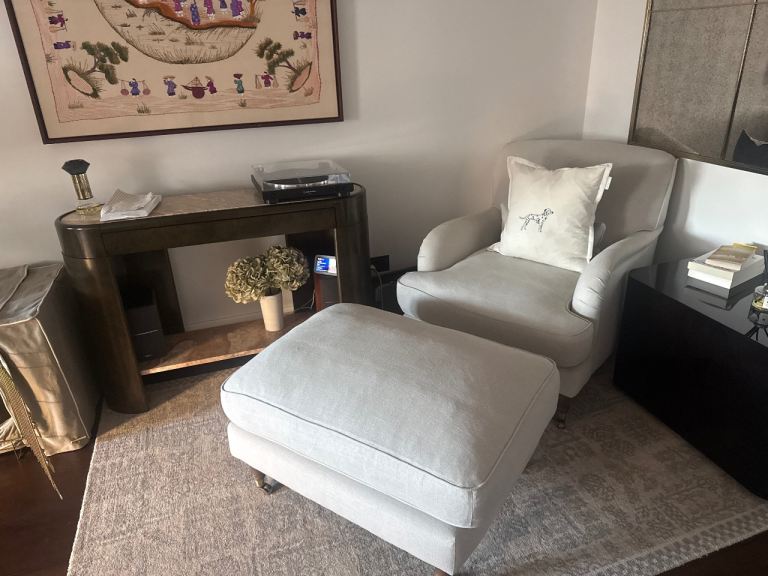 Comfortable Grey Armchair and Footstool – Good Condition