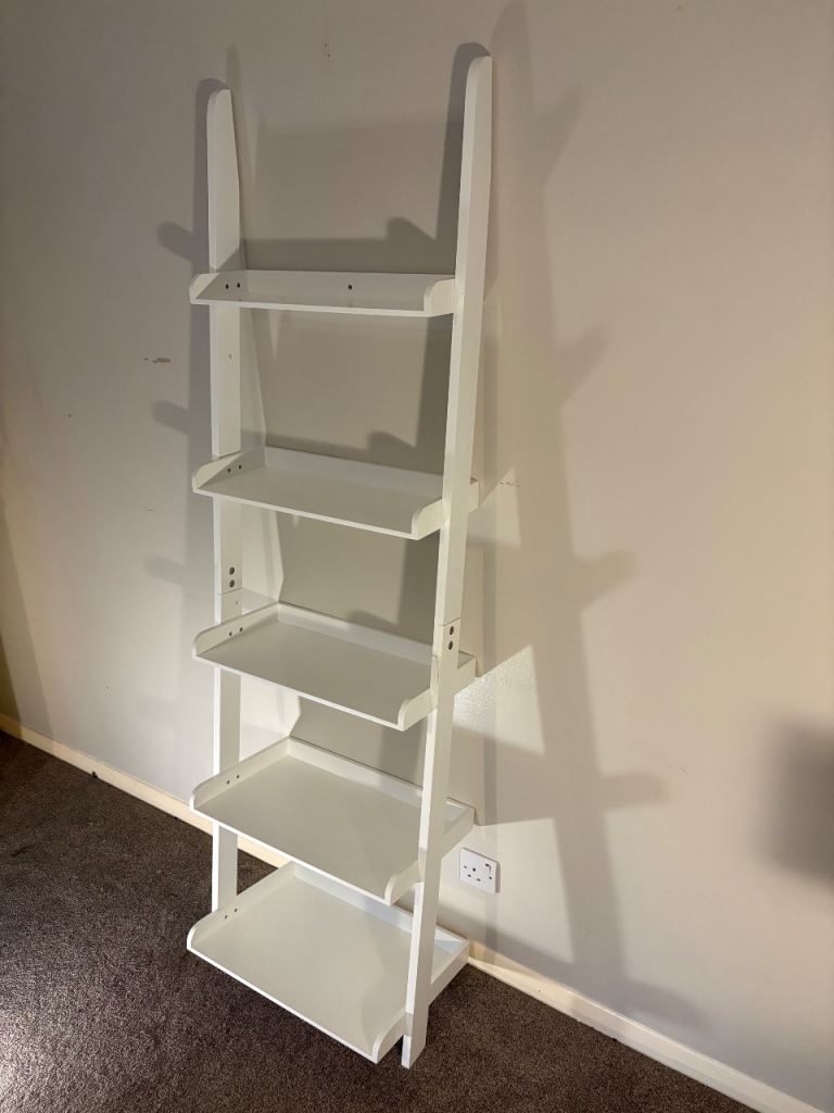White Ladder Shelf White Wood Bookcase 5 Shelves Shelving Wide Tall
