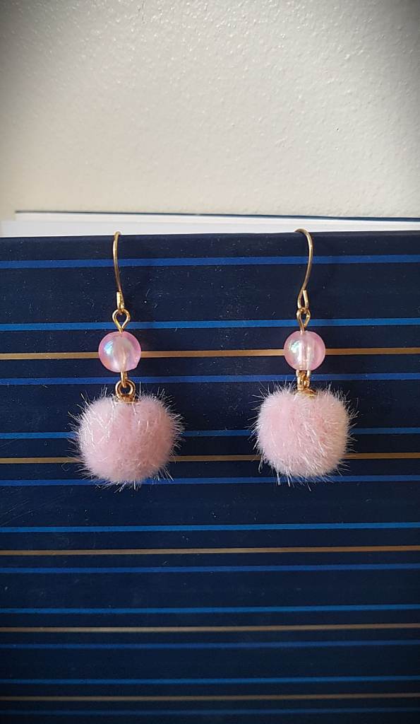 Small handmade fluffy pink pompom earrings