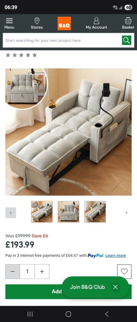  BTM 3 in 1 Expandable Single Sofa Bed Cup & Phone Holder Recliner Sleeper Armchair for Small Spaces
