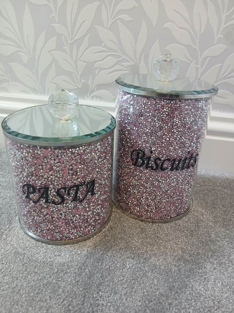 Crushed diamond large pair of pink and silver cannisters