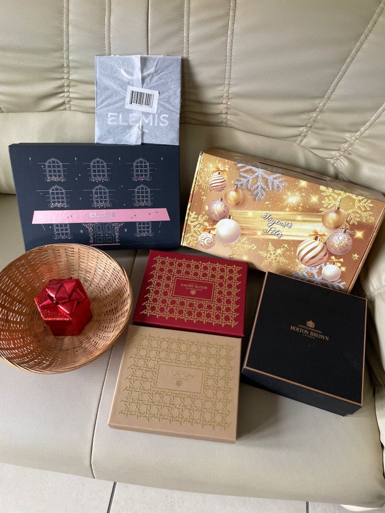 A Selection of Six Empty Gift Boxes + Basket & Elemis Gift Bag