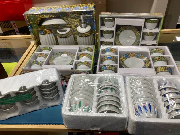 ASIAN STYLE POTTERY COFFEE POT + CUPS,SAUCERS JOB LOT X 8 PACKS