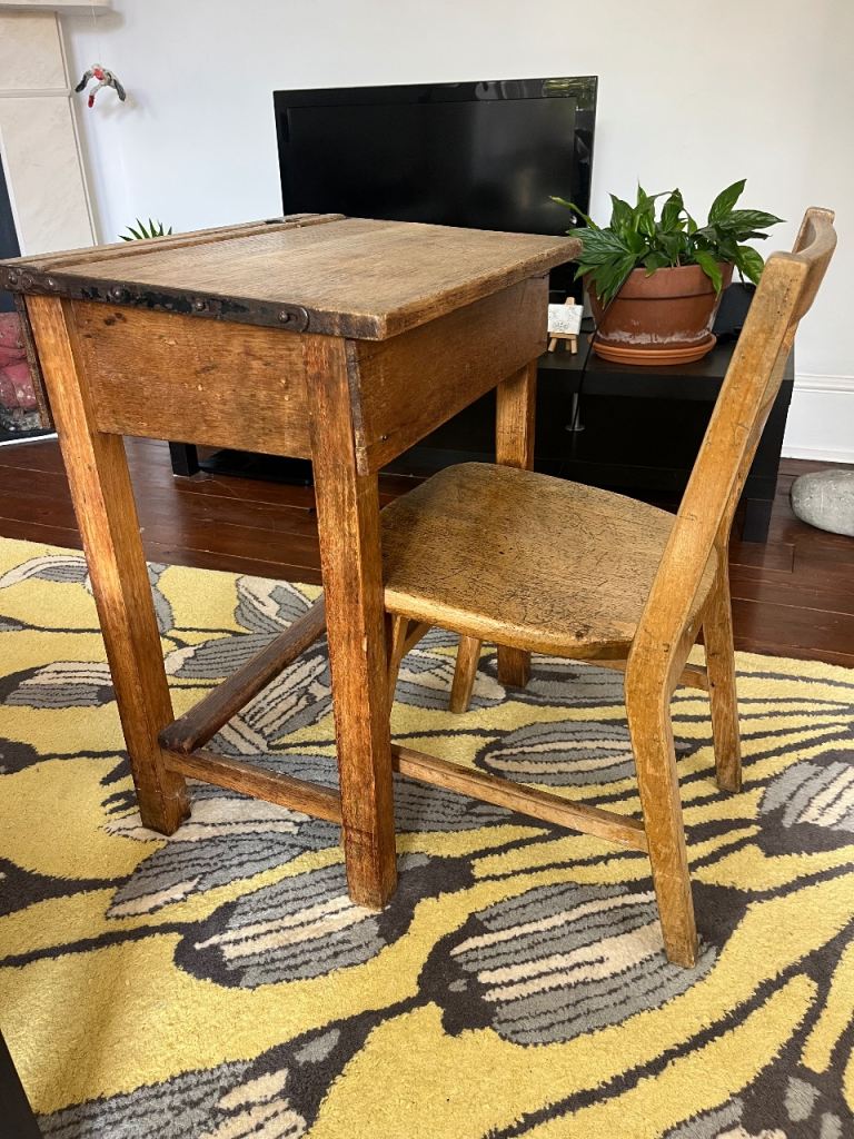 Vintage Mid Century Wooden School Desk with Matching Chair