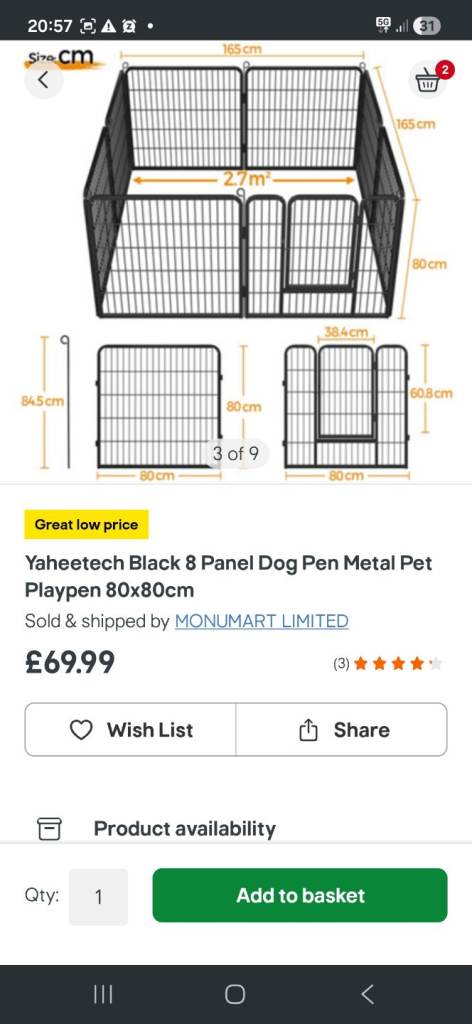 NEW Large Dog Playpen 8 Panel Metal Pet Cage 80cm x 80cm