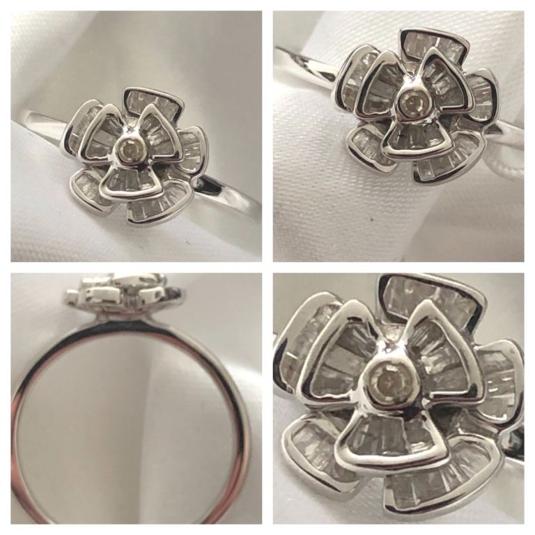 Diamond baguette flower ring Size M silver 925 platinum overlay new 