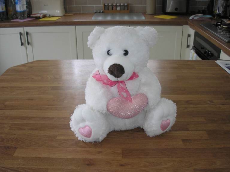 Lovely white teddy with heart, as new from pet & smoke free home. Ideal for that special person!