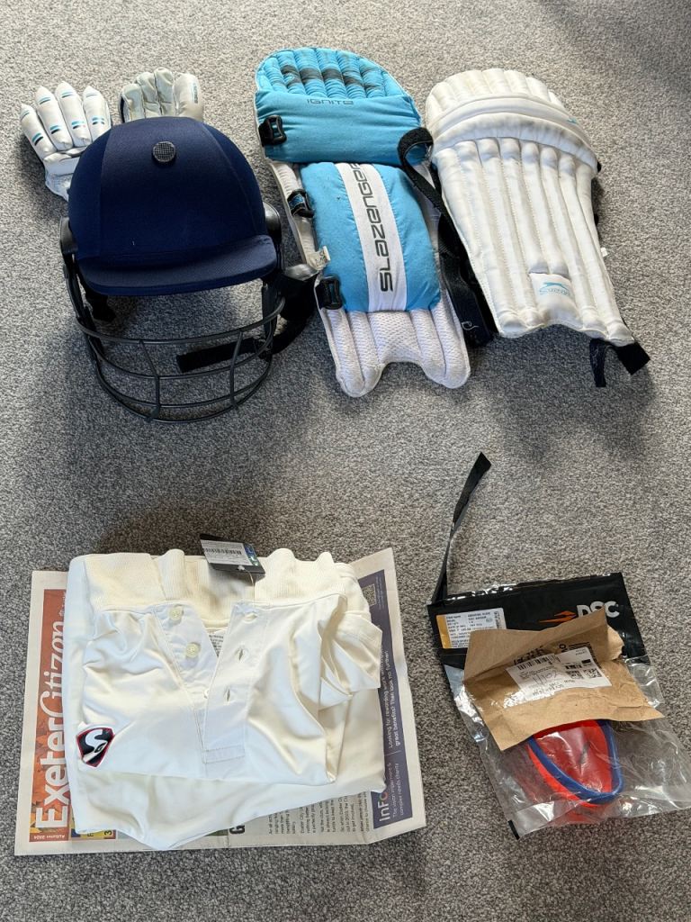 Junior Cricket Kit (Pads/Gloves/Helmet) & UNUSED Adult SG Suit