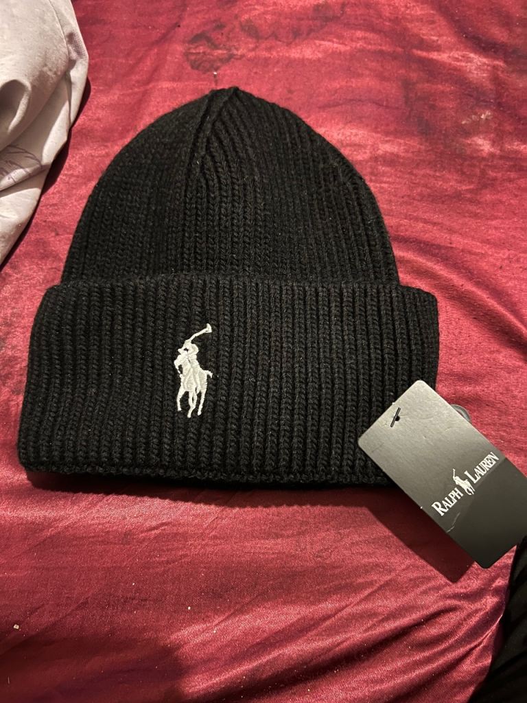 New Ralph Lawren Black Beanie White Horse
