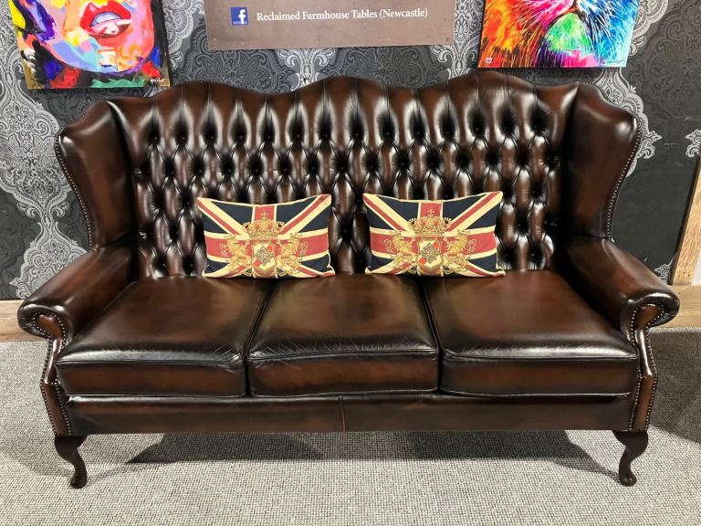 Stunning Refurbished RARE Chesterfield 3 Seater Queen Anne Sofa in Brown Leather - Delivery