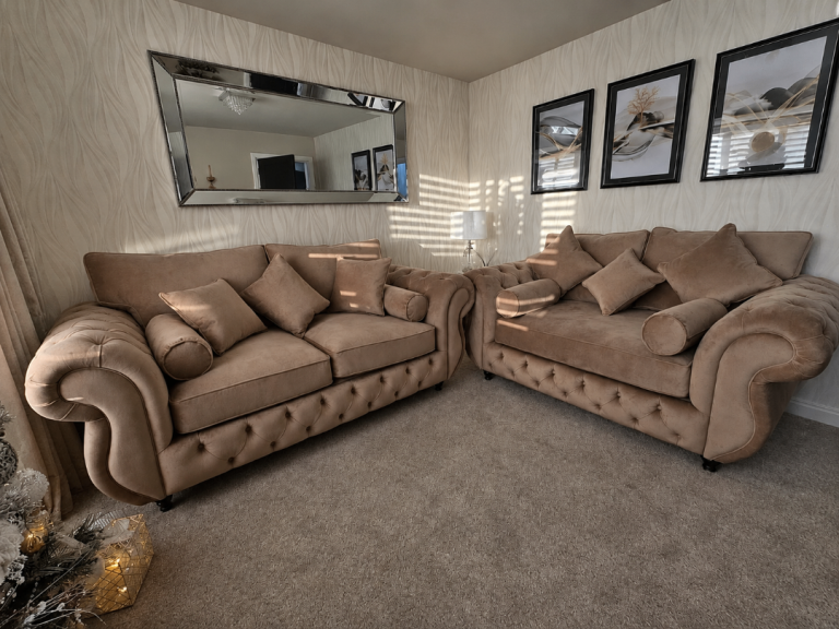 Brand New Luxury Chesterfield Falcon 3+2 Seater Sofa Set | Beige, Cream & Grey Fabric Sofa Suite | 