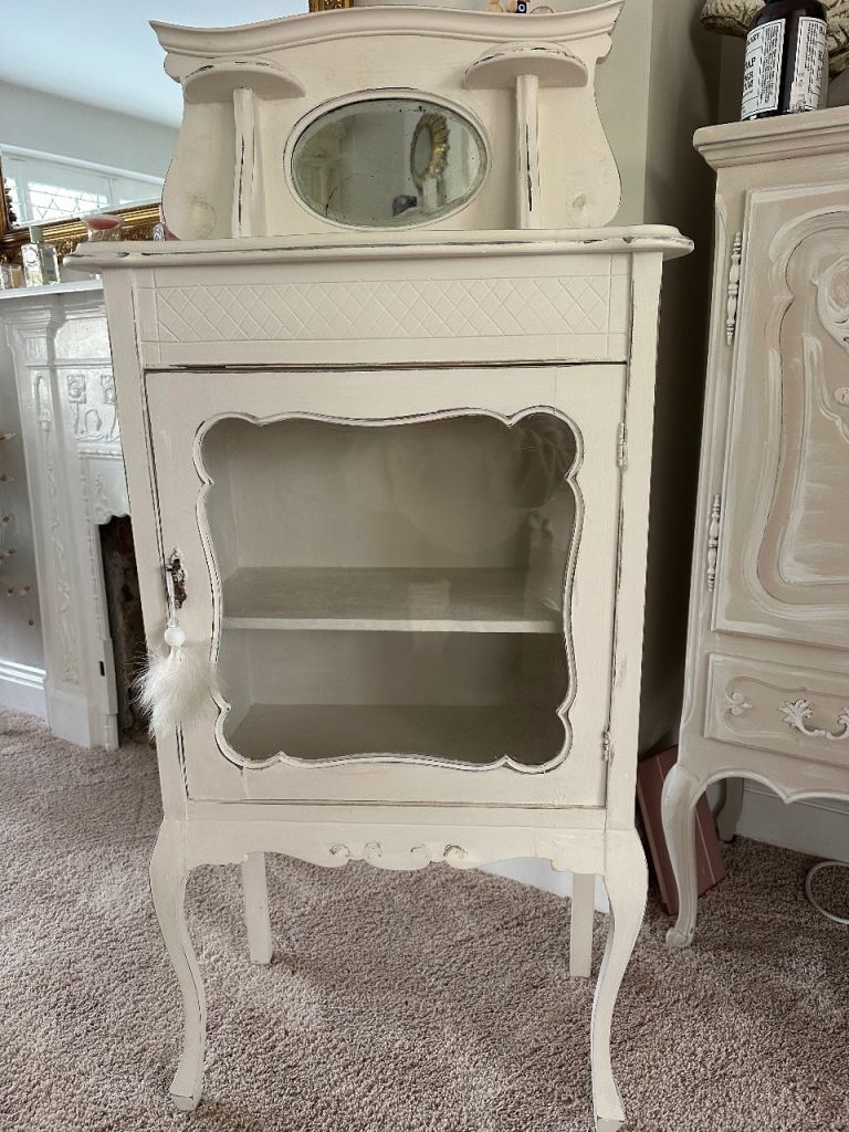 image for French style shabby chic linen white display cabinet 