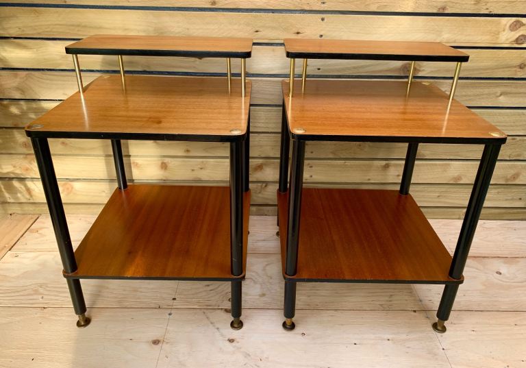 Pair of Vintage Mid Century Modern Teak & Ebonized Shelf Bedside Table Units 1950s