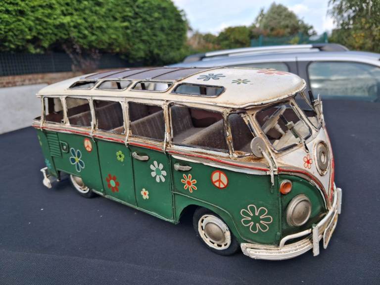 VW Tin Metal Green Hippie Camper Van Model Ornament - Vintage Rustic Effect 