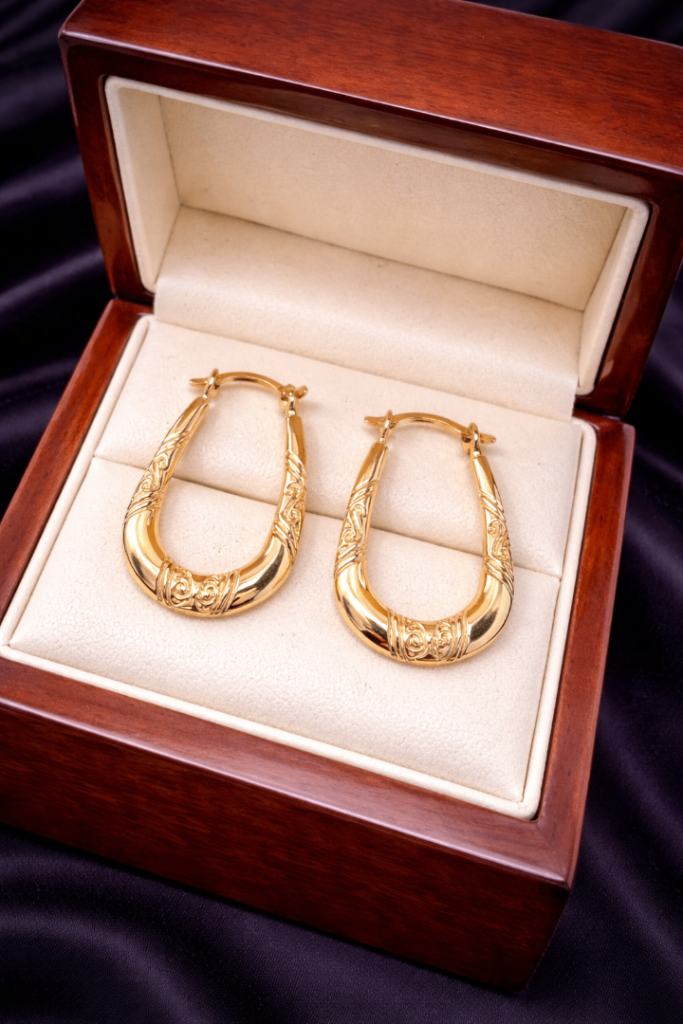 Beautiful 9ct Yellow Gold Etched Hoop Earrings
