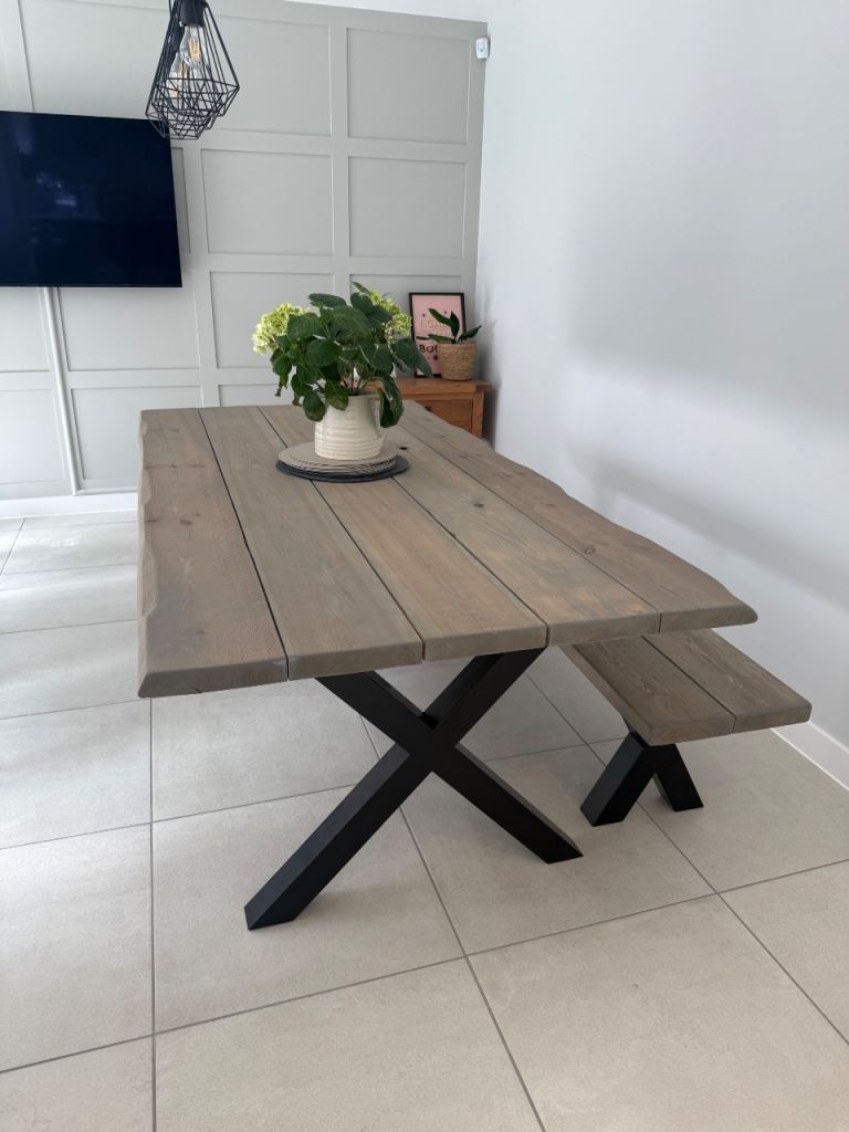 Modern 210cm Wooden Dining Table with Black X‑Frame Legs + Matching Bench
