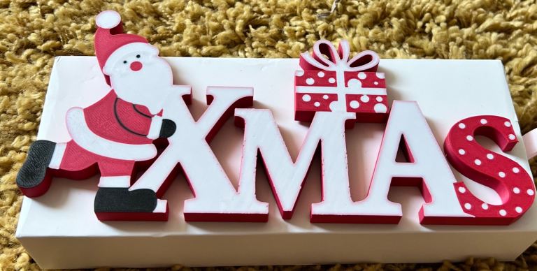 NEW Red & White 'XMAS' Sign with Santa and Gift Decoration