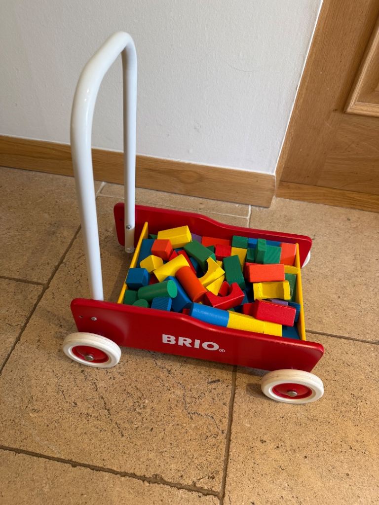 BRIO Red Wooden Baby Walker with Jaques of London Building Blocks