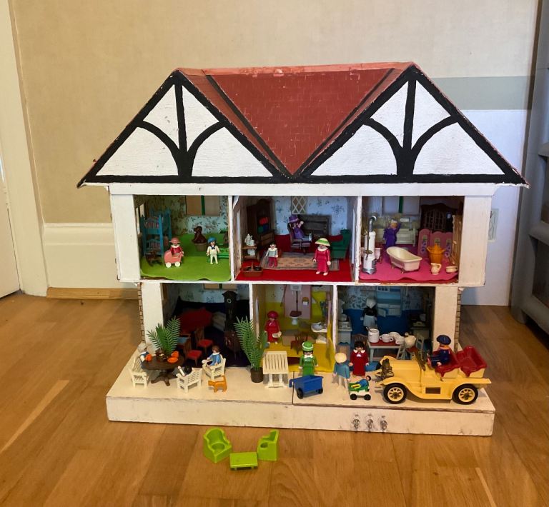 Large Handmade Wooden Dolls House with Furniture and Figures