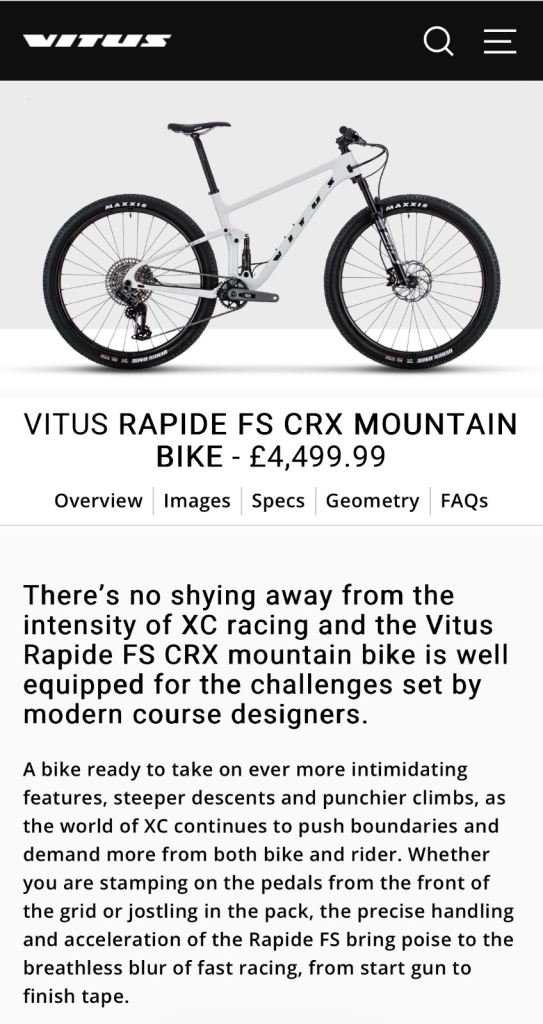 Vitus Rapide FS CRX Mountain Bike - carbon everything top spec large