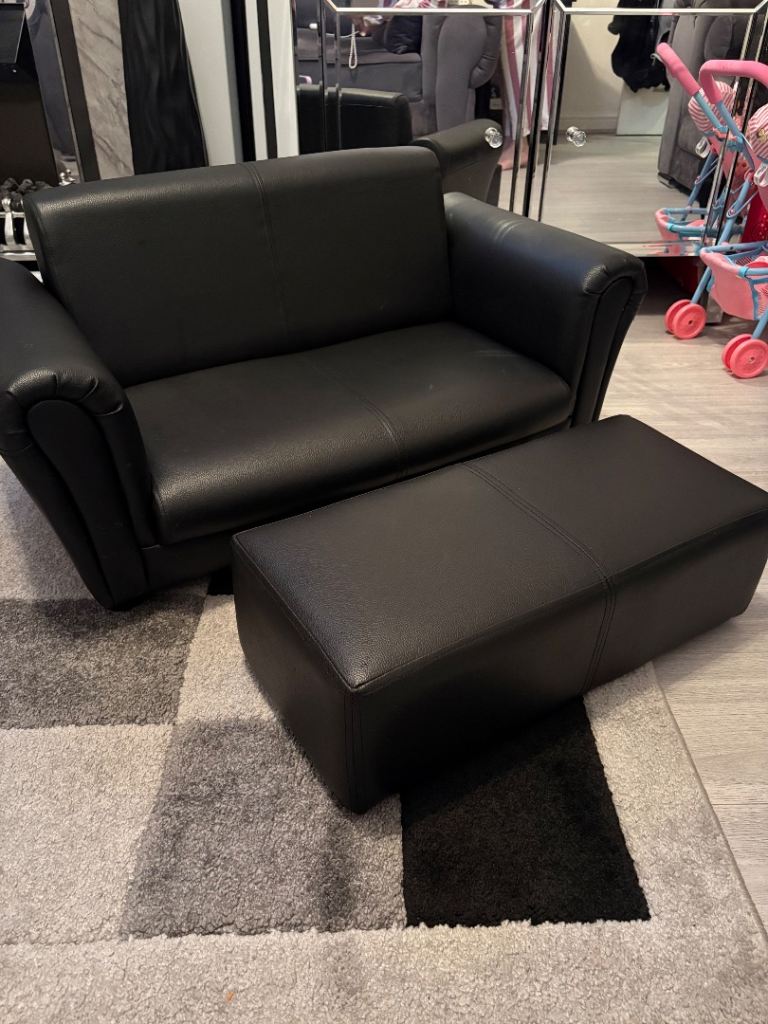 Kids Twin Sofa With Footstool (Black) 