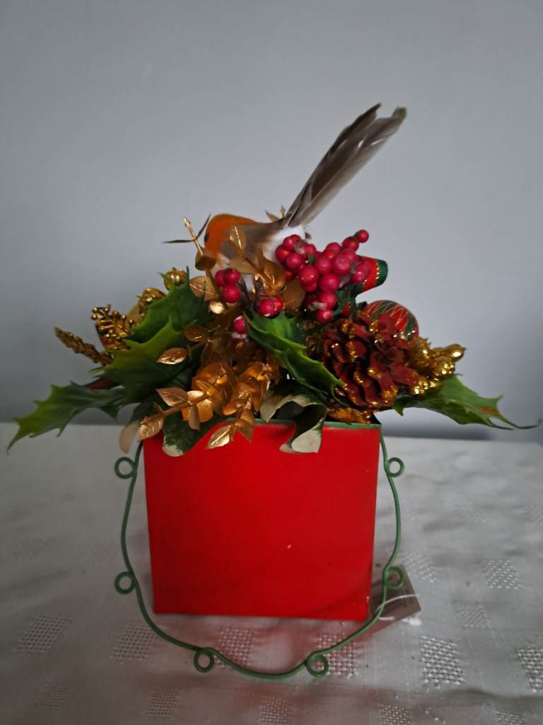 Festive Christmas Arrangement in Red Metal Pot New