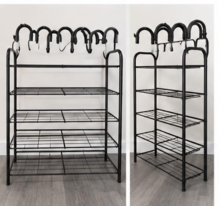 Black Metal Storage Rack with Hooks – Good Condition